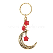 Tibetan Style Alloy Hollow Moon Pendant Keychain, with Acrylic Star Charm and Iron Split Key Rings, Red, 9.2cm(KEYC-JKC00690-05)