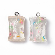 Transparent Resin Pendants, with Platinum Plated Iron Loops, Candy Charm with Word Sweet, Colorful, Rectangle Pattern, 27x16x6.5mm, Hole: 2mm(RESI-I045-01C)