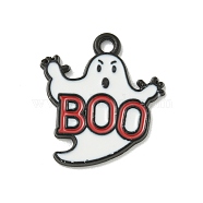 Halloween Theme Alloy Enamel Pendants, Black, Ghost with Word Boo Charm, White, 20.5x18x1mm, Hole: 1.8mm(ENAM-I060-11A)