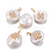 Natural Cultured Freshwater Pearl Pendants, with Brass Micro Pave Cubic Zirconia Findings, Nuggets with Cross, Golden, Clear, 17~26x11~16x5~11mm, Hole: 1.6~2mm(PEAR-L027-56C)