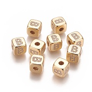 Brass Micro Pave Cubic Zirconia Beads, Horizontal Hole, Real 18K Gold Plated, Long-Lasting Plated, Cube with Letter, Clear, Letter.B, 9x9x9mm, Hole: 3.5mm(KK-K238-16G-B)