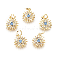 Brass Micro Pave Cubic Zirconia Charms, with Synthetic Turquoise & Jump Rings, Sun, Clear, Golden, 11.5x9.5x2mm, Jump Rings: 2.5mm Inner Diameter(KK-D159-20G)
