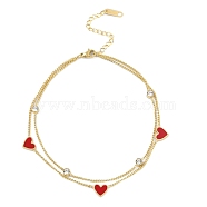 Ion Plating(IP) 304 Stainless Steel Double Layered Bracelets for Women, with Heart Shape Links, Golden, Red, 8-7/8 inch(22.5cm)(BJEW-K254-18G-02)