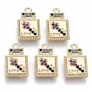 Brass Micro Pave Cubic Zirconia Charms, Nickel Free, Real 18k Gold Plated, Lock with Word Love, Colorful, 14x9x2mm, Hole: 1.4mm(KK-R112-070-NF)
