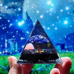 Orgonite Pyramid Resin Display Decorations, with Brass & Natural Lapis Lazuli Chips Tree of Life Inside, for Home Office, 60x60mm(TREE-PW0001-63B)