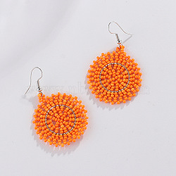Glass Seed Braided Dangle Earrings for Women, Bohemian Style, Flat Round, Dark Orange, 53x35mm(FIND-PW0024-16D)