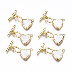 Brass Toggle Clasps, with Freshwater Shell, Nickel Free, Heart, Real 18K Gold Plated, 26mm long, Bar: 15.5x4x2mm, hole: 1.5mm, Jump Ring: 5x1mm, Inner Diameter: 3mm, Heart: 21x15x2.5mm, Hole: 1.6mm(KK-T063-88G-NF)