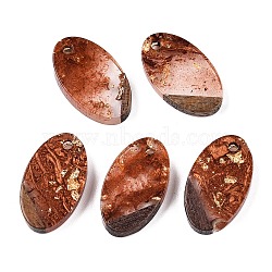 Transparent Resin and Walnut Wood Pendants, Oval Charms with Gold Foil, Chocolate, 22x12.5x3.5mm, Hole: 2mm(RESI-T057-03C)