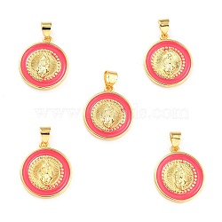 Brass Enamel Pendants, Cadmium Free & Lead Free, Long-Lasting Plated, Flat Round with Virgin Mary, Real 18K Gold Plated, Salmon, 18x16x2.5mm, Hole: 4.5x3.5mm(KK-P209-02G-04-RS)