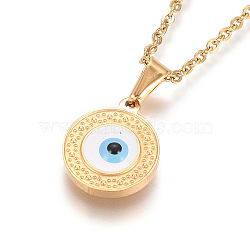 304 Stainless Steel Enamel Pendant Necklaces, with Cable Chains and Lobster Claw Clasps, Flat Round with Evil Eye, Golden, 17.6 inch(44.8cm), 1.5mm(NJEW-F275-39G)