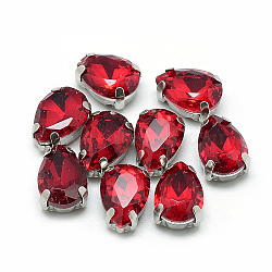Sew on Rhinestone, Multi-strand Links, Glass Rhinestone, with 201 Stainless Steel Prong Settings, Garments Accessories, Faceted, teardrop, Red, 10x7x5mm, Hole: 0.8~1mm(RGLA-T035-7x10mm-05)