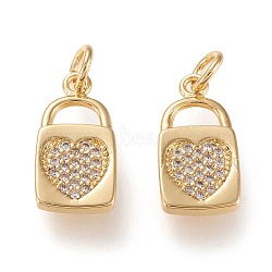 Brass Micro Pave Clear Cubic Zirconia Pendants, Long-Lasting Plated, Lock with Heart, Golden, 15x8x1.7mm, Jump Ring: 4.5x0.8mm, 2.7mm Inner Diameter.(ZIRC-K086-05G)