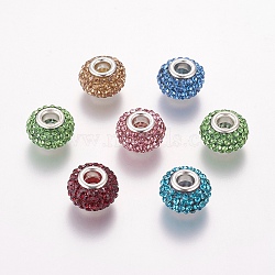 Grade A Rhinestone European Beads, Large Hole Beads, Resin, with Silver Color Brass Core, Rondelle, Mixed Color, 15x10mm, Hole: 5mm(X-CPDL-H001-M)