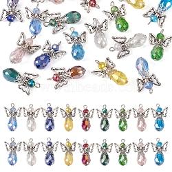 18Pcs 9 Color Electroplate Transparent Glass Pendants, with Antique Silver Alloy Findings, Faceted, Angel Charms, Mixed Color, 28x18x10mm, Hole: 2.5mm, 2Pcs/color(PALLOY-TAC0046)