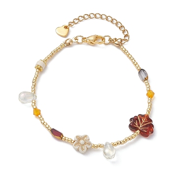 Glass Seed & Plastic Pearl Beaded Bracelet for Women, Flower & Leaf & Teardrop, Colorful, 7-1/2 inch(19cm)