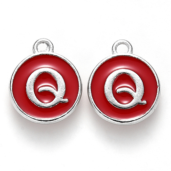 Platinum Plated Alloy Enamel Charms, Cadmium Free & Lead Free, Enamelled Sequins, Flat Round with Letter, Red, Letter.Q, 14x12x2mm, Hole: 1.5mm