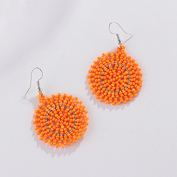 Glass Seed Braided Dangle Earrings for Women, Bohemian Style, Flat Round, Dark Orange, 53x35mm