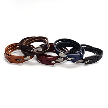 3-Loop Cowhide Leather Wrap Bracelets, with Alloy Clasps, Mixed Color, 23-5/8x1/4 inch(60x0.8cm)
