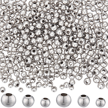 1200Pcs 3 Style 304 Stainless Steel Beads, Round, Stainless Steel Color, 4~6mm, Hole: 1.6~2.2mm, 400pcs/style