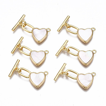 Brass Toggle Clasps, with Freshwater Shell, Nickel Free, Heart, Real 18K Gold Plated, 26mm long, Bar: 15.5x4x2mm, hole: 1.5mm, Jump Ring: 5x1mm, Inner Diameter: 3mm, Heart: 21x15x2.5mm, Hole: 1.6mm