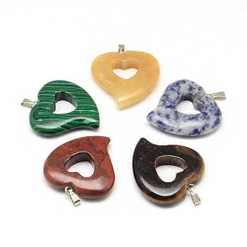 Heart Natural & Synthetic Mixed Stone Pendants, with Platinum Tone Brass Findings, Mixed Color, 33x30~31x6mm, Hole: 6x2mm
