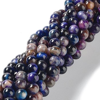 Natural Rainbow Tiger Eye Beads Strands, Dyed, Round, Blue, 6mm, Hole: 1mm, about 62~63pcs/strand, 15.20''~15.59''(38.6~39.6cm)