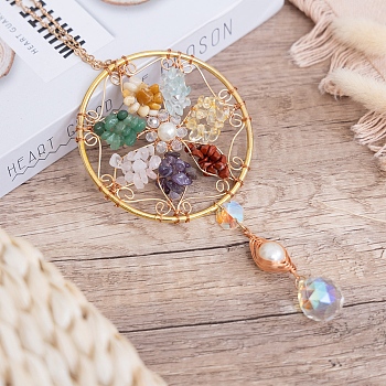 Gemstone Wire Wrapped Gemstone Chip Flower Car Hanging Ornament, with Iron Findings and Glass Charm for Car Rear View Mirror Decorations, Golden, 290x90mm