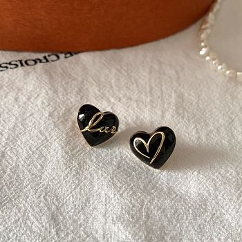 Heart & Word Love Enamel Asymmetrical Earrings, Golden Alloy Stud Earrings with 925 Sterling Silver Pins for Valentine's Day, Black, 15.5x13mm, Pin: 0.6mm