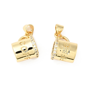 Rack Plating Brass Micro Pave Clear Cubic Zirconia Pendants, Cadmium Free & Lead Free, Cup & Word Coffee, Real 18K Gold Plated, 11x16x10mm, Hole: 5x3.5mm