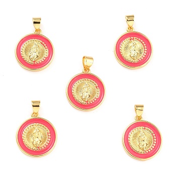 Brass Enamel Pendants, Cadmium Free & Lead Free, Long-Lasting Plated, Flat Round with Virgin Mary, Real 18K Gold Plated, Salmon, 18x16x2.5mm, Hole: 4.5x3.5mm