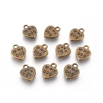 Tibetan Style Alloy Charms, Lead Free & Nickel Free, Heart with word Love My Dog, Antique Bronze, 13x10x3mm, Hole: 2mm