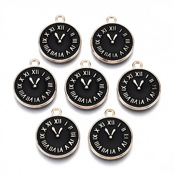 Light Gold Plated Alloy Double Side Enamel Pendants, Cadmium Free & Lead Free, Flat Round with Clock & Roman Numerals, Black, 17x14x2mm, Hole: 1.6mm