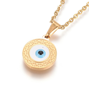 304 Stainless Steel Enamel Pendant Necklaces, with Cable Chains and Lobster Claw Clasps, Flat Round with Evil Eye, Golden, 17.6 inch(44.8cm), 1.5mm