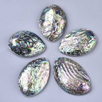 Single-Sided Natural Abalone Shell/Paua Shell Big Pendants, with Freshwater Shell Back, Teardrop, Colorful, 52~64x38~41x12~15mm, Hole: 1.4mm
