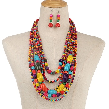 Handmade Wood Beads Multi-Layer Necklaces & Boho Dangle Earrings Set, Boho Jewelry Set for Women, Colorful, 23.82 inch(60.5cm)