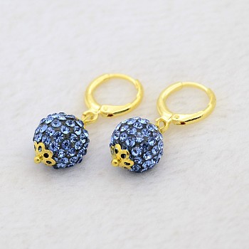 (Jewelry Parties Factory Sale)Dangling Round Ball Resin Rhinestone Earrings, with Golden Plated Brass Leverback Hoop Earring Settings, Light Sapphire, 30mm, Pin: 1mm