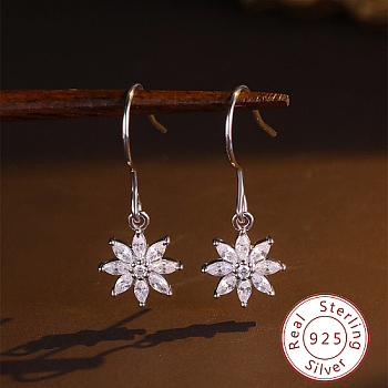 Rhodium Plated 925 Sterling Silver Micro Pave Cubic Zirconia Dangle Earrings, Snowflake, Platinum, 23x9mm