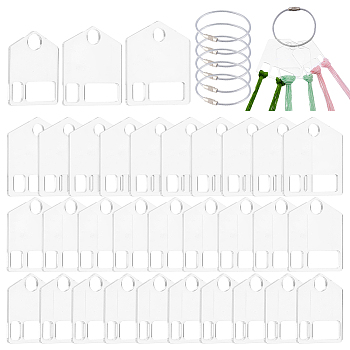 Elite 30Pcs 3 Style Acrylic Thread Winding Boards, Floss Bobbin, Thread Organizer Card for Cross-Stitch, with 6Pcs Stainless Steel Wire Keychain Clasps, Clear, Board: 38~45x30~50x2mm, Clasp: 150x2mm