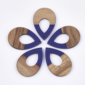 Resin & Walnut Wood Pendants, Teardrop, Blue, 38x25.5x3mm, Hole: 2mm