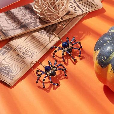 Boucles d'oreilles pendantes araignée tressées en pierre de lave naturelle et lapis-lazuli(EJEW-TA00102-01)-3
