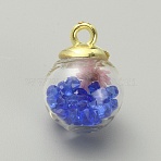 Transparent Glass Globe Pendants, with Dried Flower Inside and Golden ABS Plastic Pendant Bails, Round Charms, Royal Blue, 21.5x16mm, Hole: 2.5mm(GLAA-TAC0005-002E)