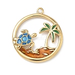 304 Stainless Steel Enamel Pendants, Ring with Turtle & Coconut Tree Charms, Real 14K Gold Plated, Blue, 25x22.5x3mm, Hole: 1.6mm(STAS-L022-565G-01)