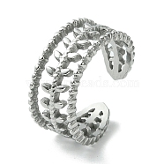 304 Stainless Steel Open Cuff Ring, Hollow Leaf, Stainless Steel Color, US Size 7 1/2(17.7mm)(RJEW-L110-045P)