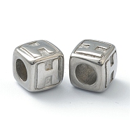 304 Stainless Steel European Beads, Large Hole Beads, Horizontal Hole, Cube with Letter, Stainless Steel Color, Letter.H, 8x8x8mm, Hole: 4mm(STAS-H145-01H-P)