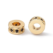 Brass Spacer Beads, with Jet Rhinestone, Flat Round, Real 18K Gold Plated, 7x3~3.7mm, Hole: 3.4mm(KK-E068-VD011-6)