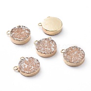 Electroplate Natural Druzy Agate Charms, with Light Gold Plated Brass Findings, Flat Round, 14.5x12x4mm, Hole: 1.7mm(G-L553-52)