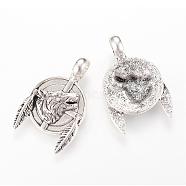 Tibetan Style Alloy Pendants, Flat Round with Wolf and Wing, Cadmium Free & Lead Free, Antique Silver, 38.5x25x10mm, Hole: 7mm, about 150pcs/1000g(TIBEP-Q064-15AS-RS)