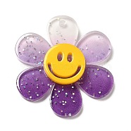Gradient Color Transparent Acrylic Pendants, with Sequins, Sunflower with Smiling Face Charm, Purple, 30x27x4mm, Hole: 1.6mm(OACR-H004-01C)
