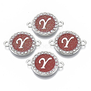 Alloy Enamel Links Connectors, with Crystal Rhinestones, Flat Round with Letter, Silver Color Plated, Letter.Y, 22x16x2mm, Hole: 1.8mm(ENAM-TAC0003-01S-05Y)