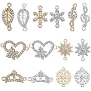 SUNNYCLUE 56Pcs 14 Style Alloy Crystal Rhinestone Connector Charms, Heart & Star & Snowflake & Crown & Leaf, Mixed Color, 11.5~29x10~23.5x1.5~3.5mm, Hole: 1.5~1.6mm, 4Pcs/style(FIND-SC0007-90)